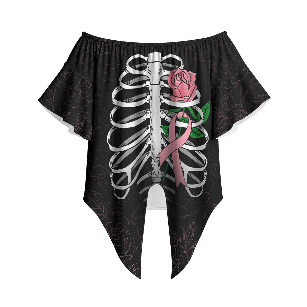 In October We Wear Pink Off Shoulder Wrap Waist Top Skull and Roses - Black