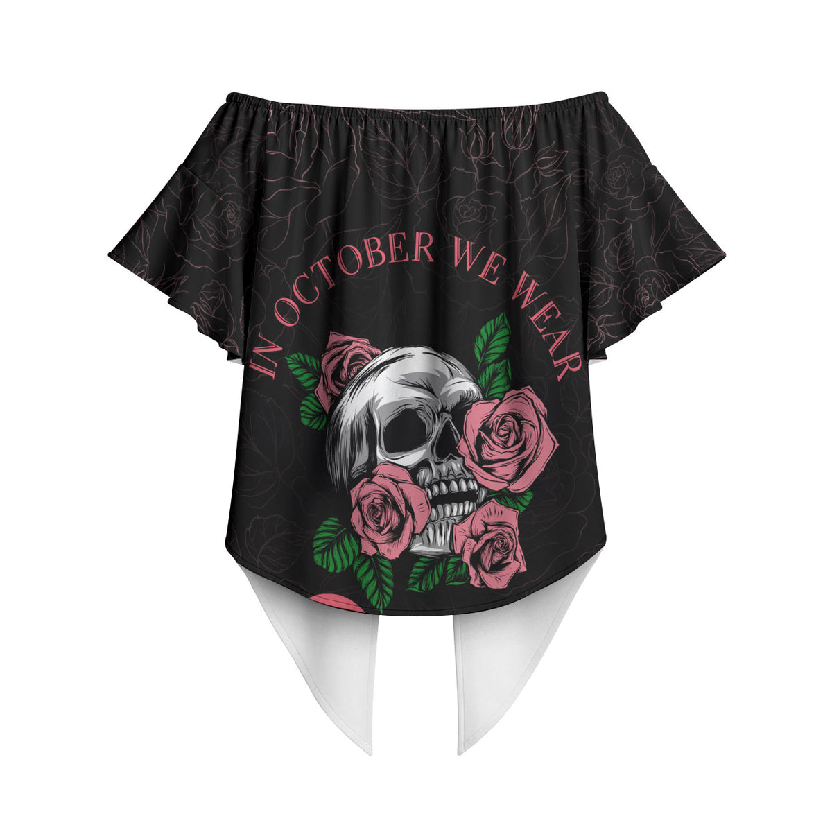 In October We Wear Pink Off Shoulder Wrap Waist Top Skull and Roses - Black