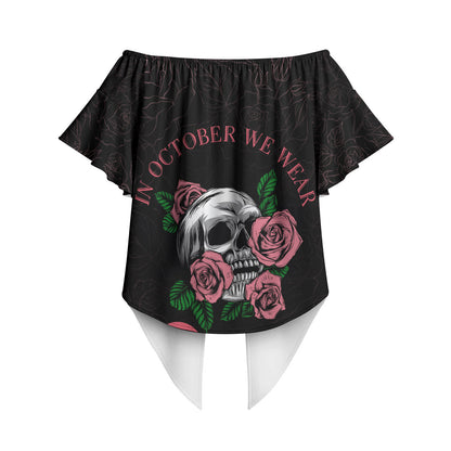 In October We Wear Pink Off Shoulder Wrap Waist Top Skull and Roses - Black