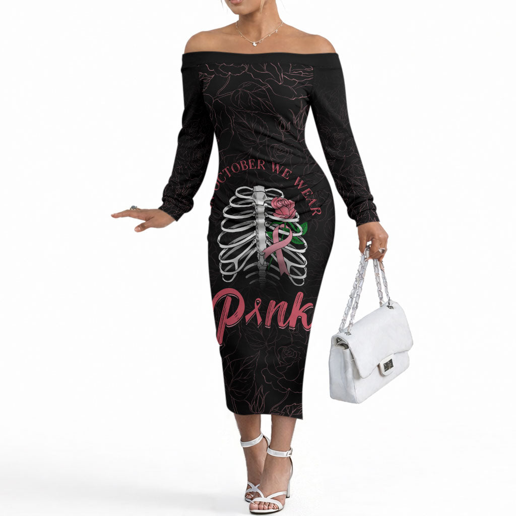 In October We Wear Pink Off The Shoulder Long Sleeve Dress Skull and Roses - Black