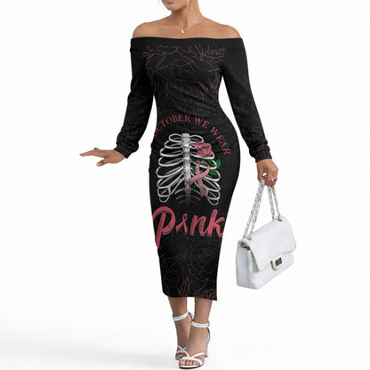 In October We Wear Pink Off The Shoulder Long Sleeve Dress Skull and Roses - Black