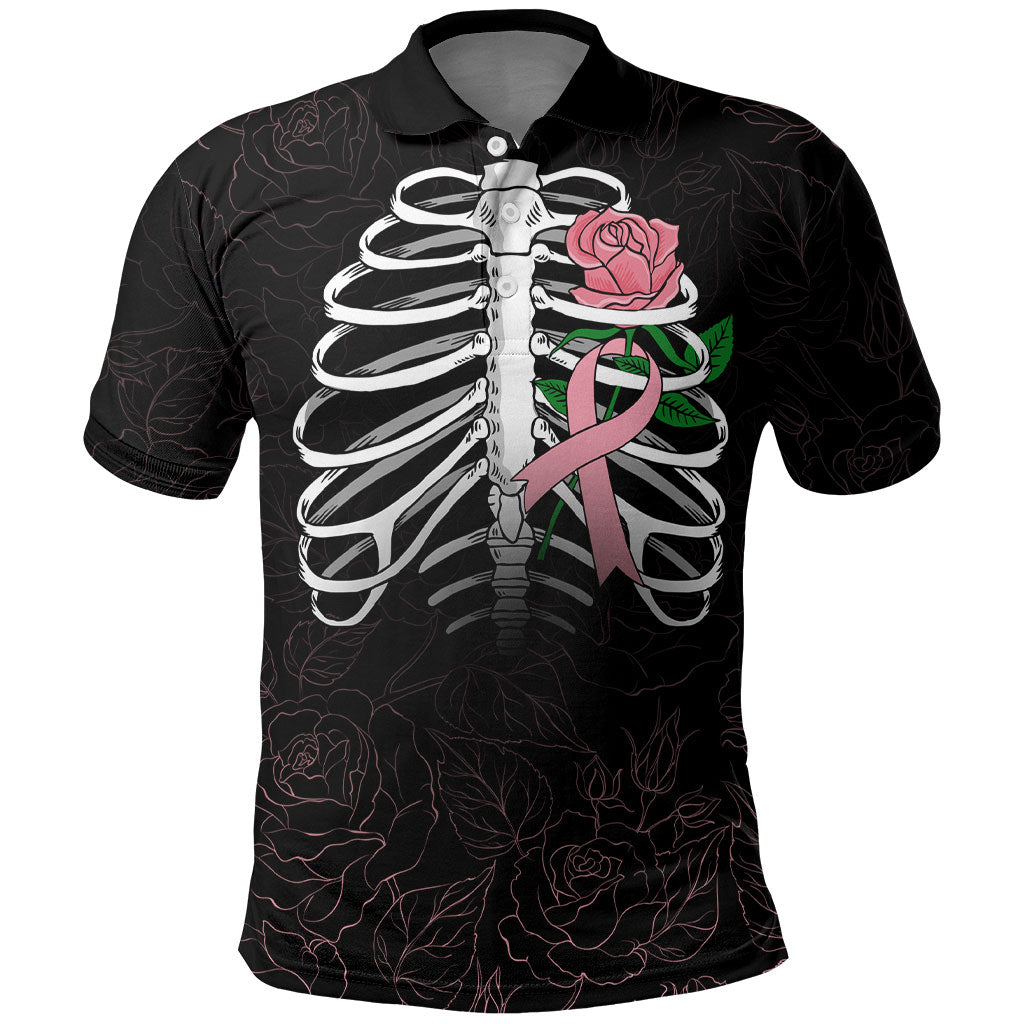 In October We Wear Pink Polo Shirt Skull and Roses - Black