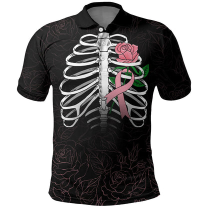 In October We Wear Pink Polo Shirt Skull and Roses - Black