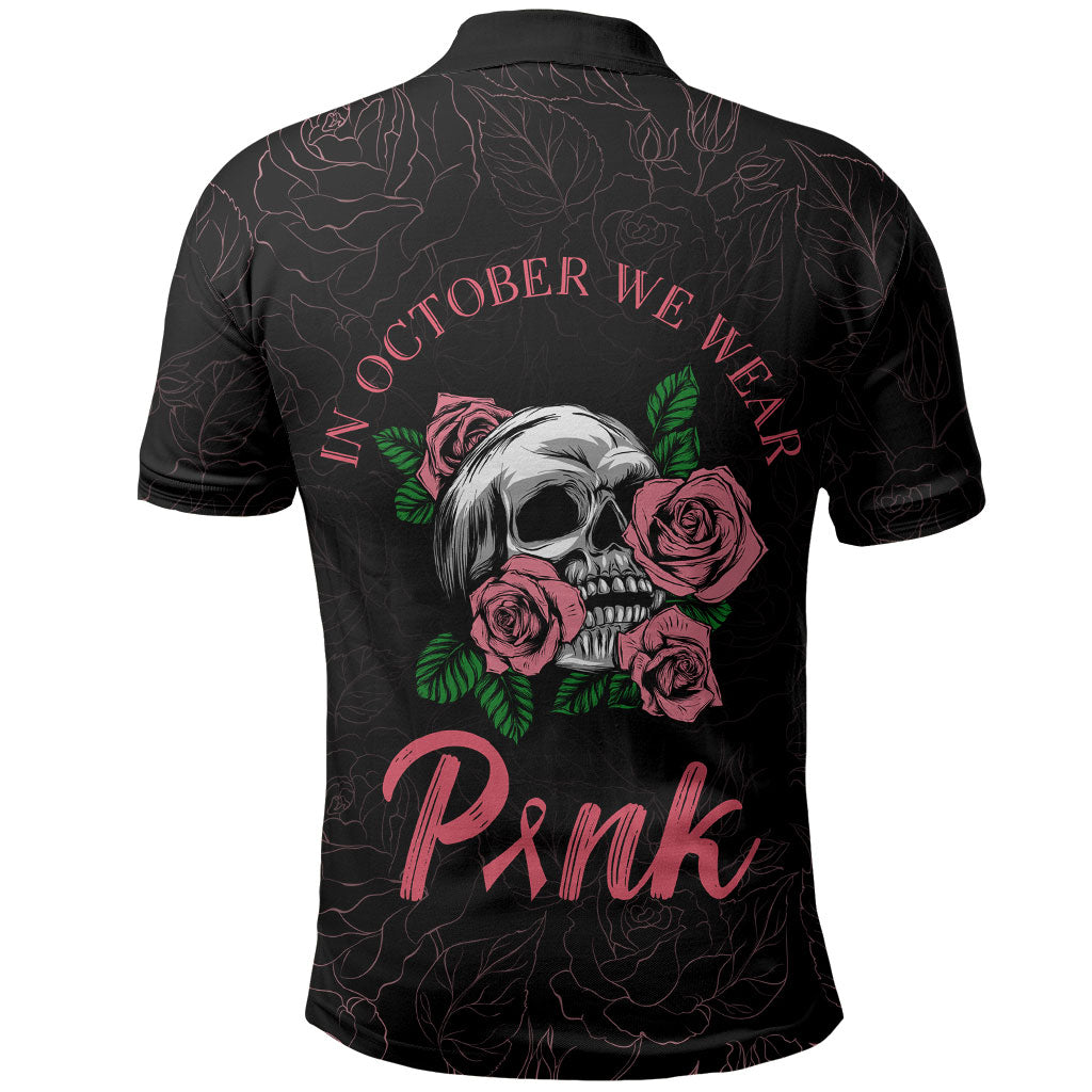 In October We Wear Pink Polo Shirt Skull and Roses - Black