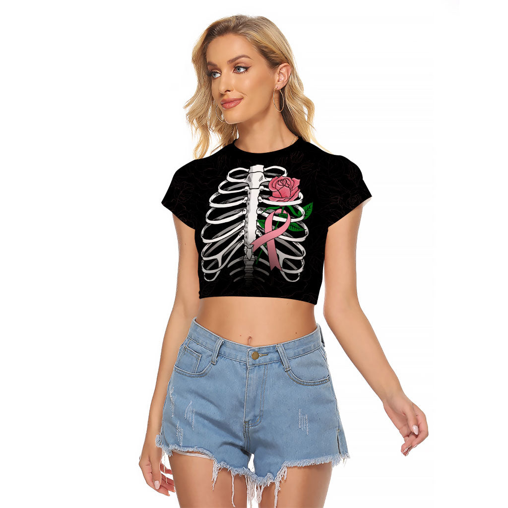 In October We Wear Pink Raglan Cropped T Shirt Skull and Roses - Black