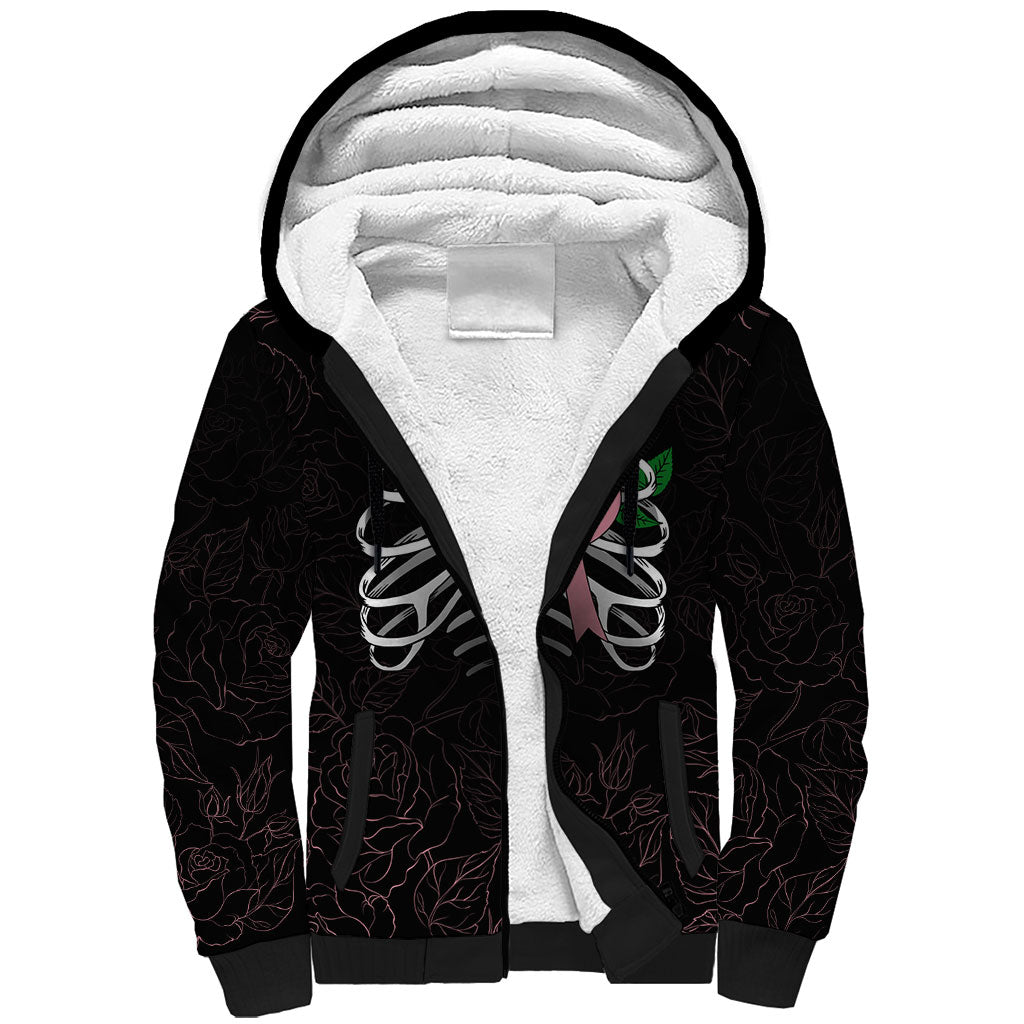 In October We Wear Pink Sherpa Hoodie Skull and Roses - Black