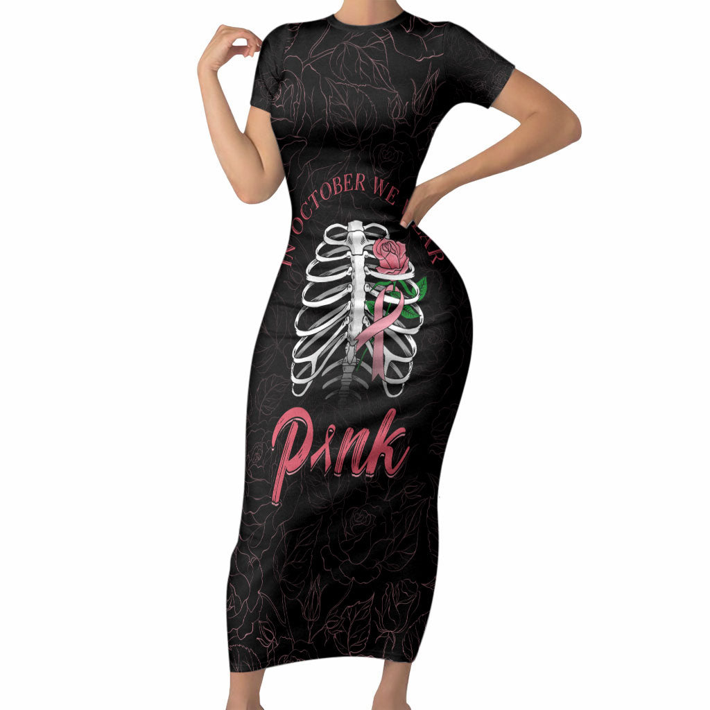 In October We Wear Pink Short Sleeve Bodycon Dress Skull and Roses - Black