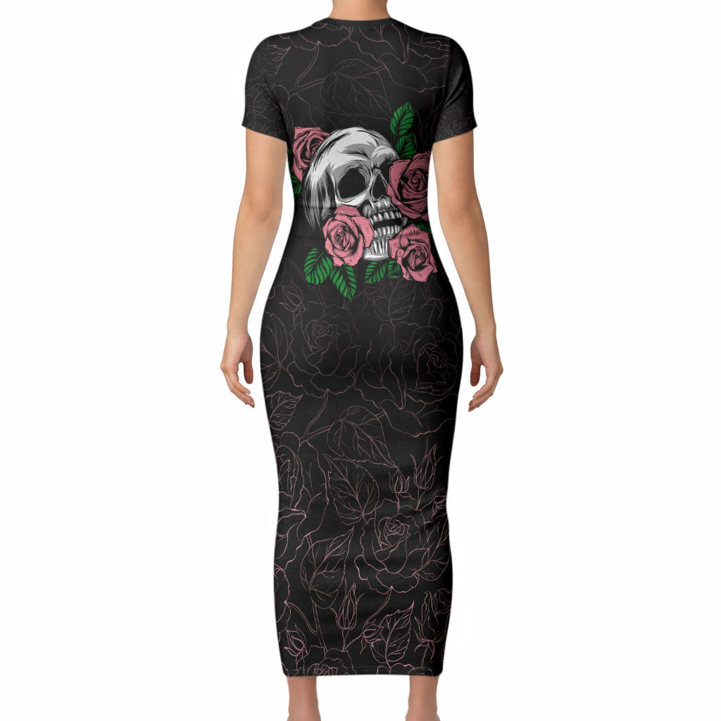 In October We Wear Pink Short Sleeve Bodycon Dress Skull and Roses - Black
