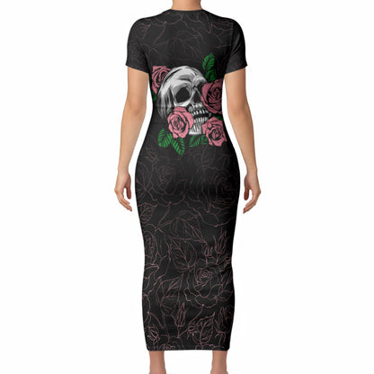 In October We Wear Pink Short Sleeve Bodycon Dress Skull and Roses - Black