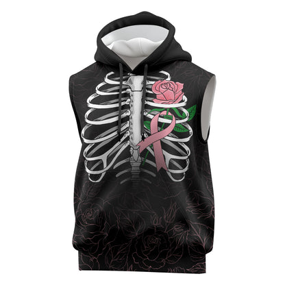 In October We Wear Pink Sleeveless Hoodie Skull and Roses - Black