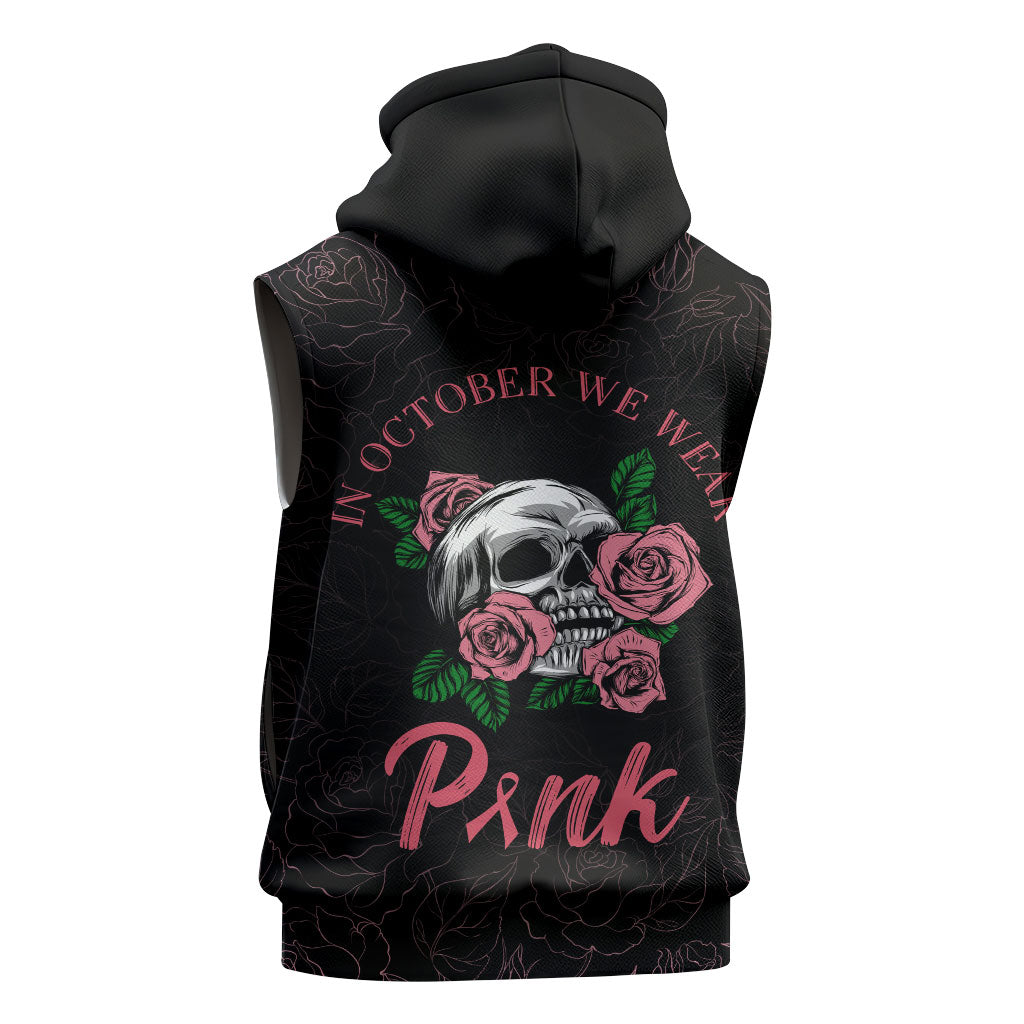 In October We Wear Pink Sleeveless Hoodie Skull and Roses - Black