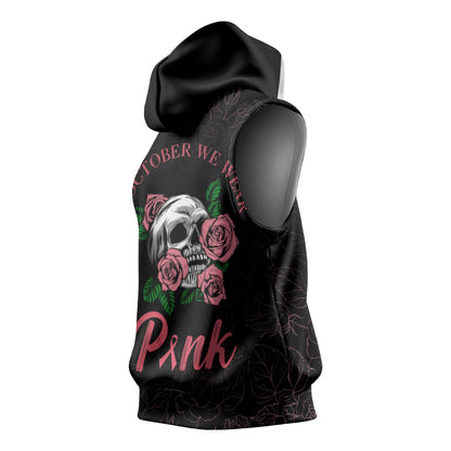In October We Wear Pink Sleeveless Hoodie Skull and Roses - Black