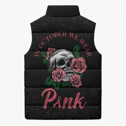 In October We Wear Pink Sleeveless Puffer Jacket Skull and Roses - Black