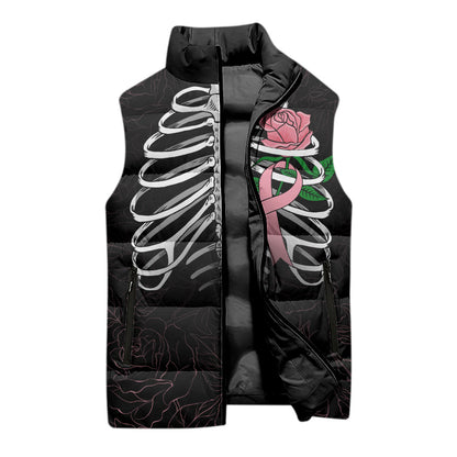 In October We Wear Pink Sleeveless Puffer Jacket Skull and Roses - Black
