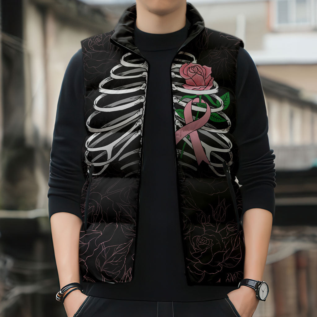 In October We Wear Pink Sleeveless Puffer Jacket Skull and Roses - Black