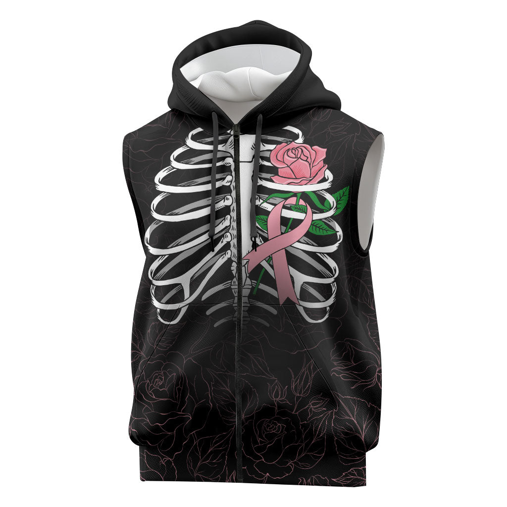 In October We Wear Pink Sleeveless Zip Hoodie Skull and Roses - Black