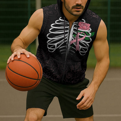 In October We Wear Pink Sleeveless Zip Hoodie Skull and Roses - Black