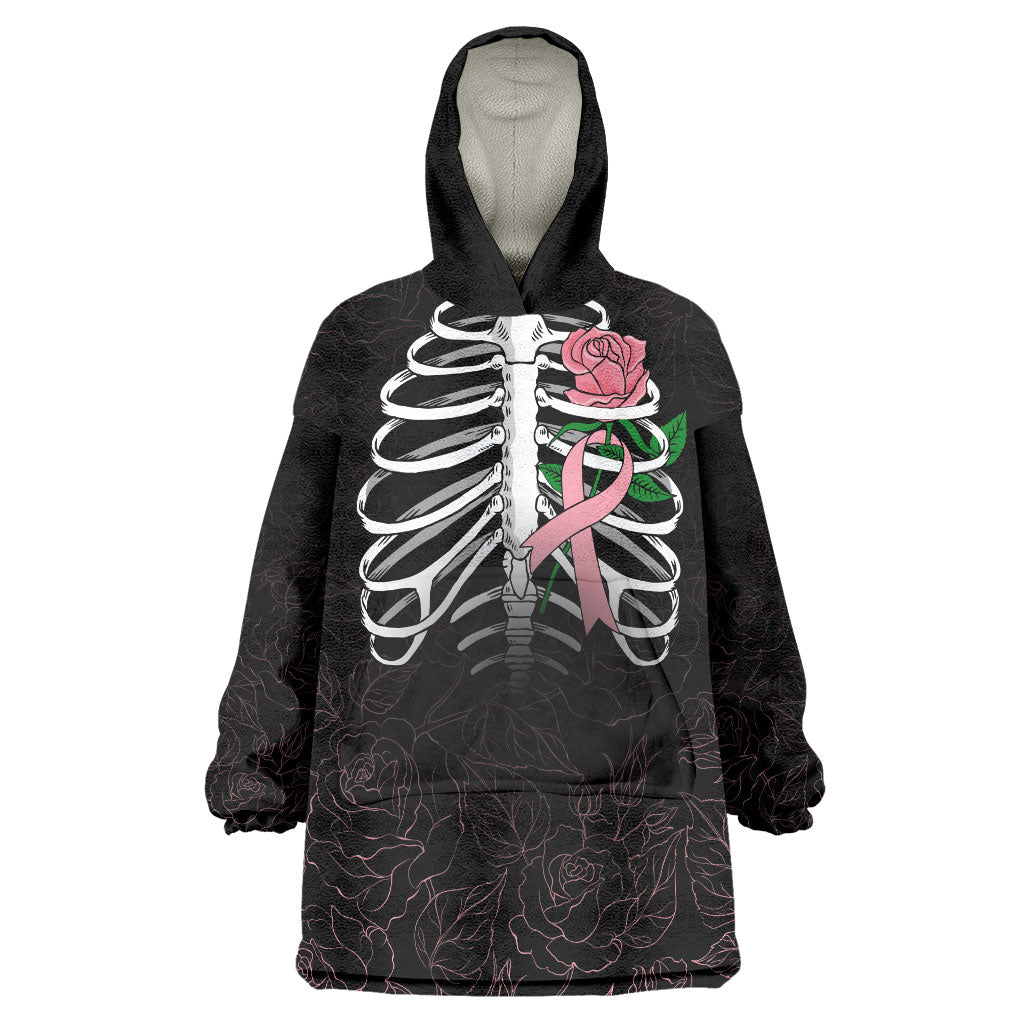 In October We Wear Pink Wearable Blanket Hoodie Skull and Roses - Black