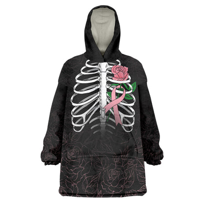 In October We Wear Pink Wearable Blanket Hoodie Skull and Roses - Black