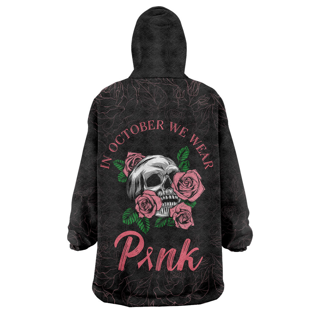 In October We Wear Pink Wearable Blanket Hoodie Skull and Roses - Black