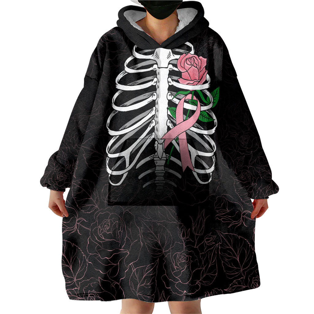 In October We Wear Pink Wearable Blanket Hoodie Skull and Roses - Black