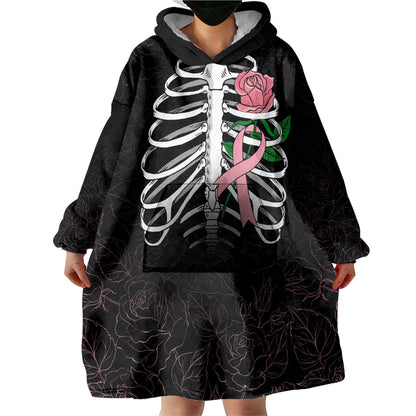 In October We Wear Pink Wearable Blanket Hoodie Skull and Roses - Black