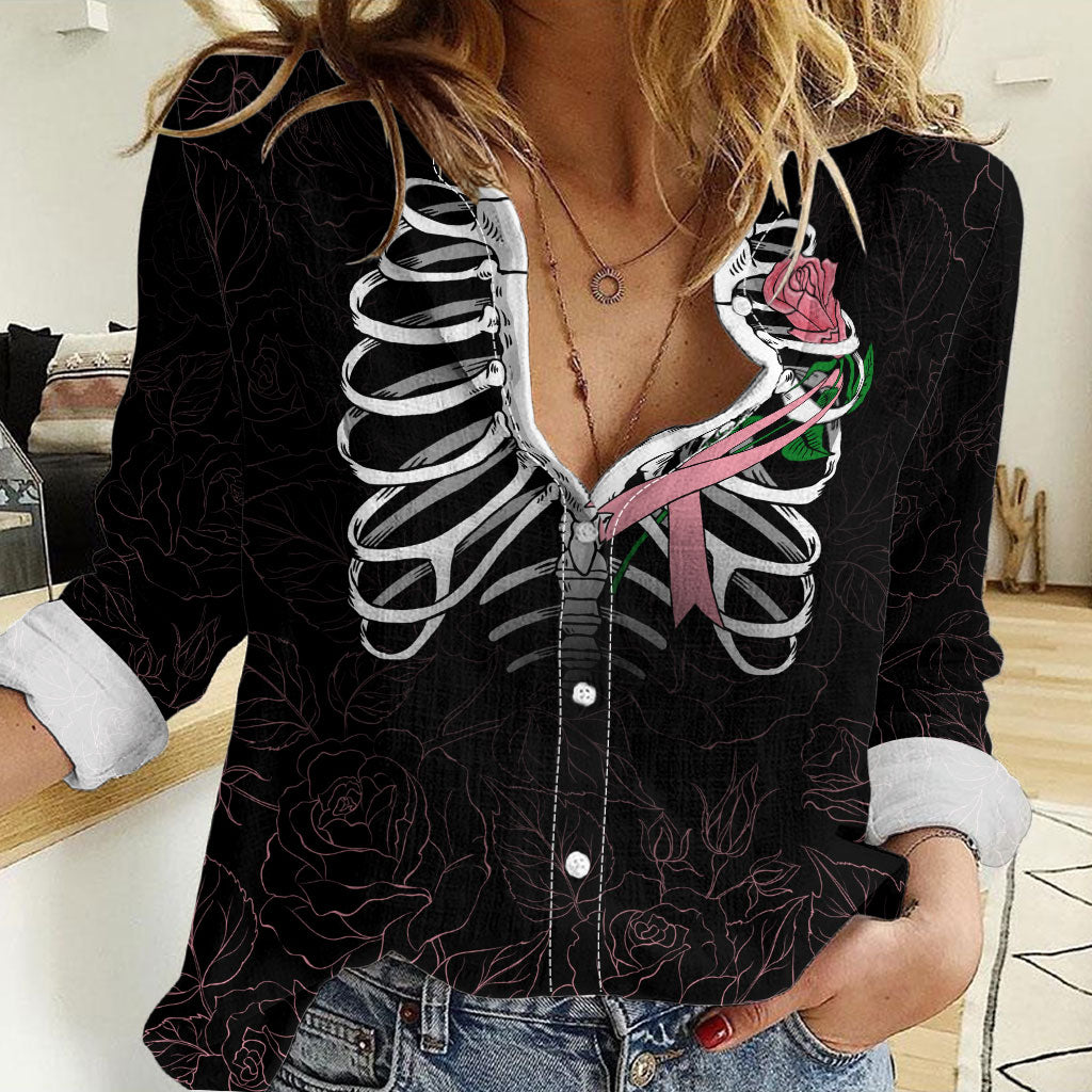 In October We Wear Pink Women Casual Shirt Skull and Roses - Black