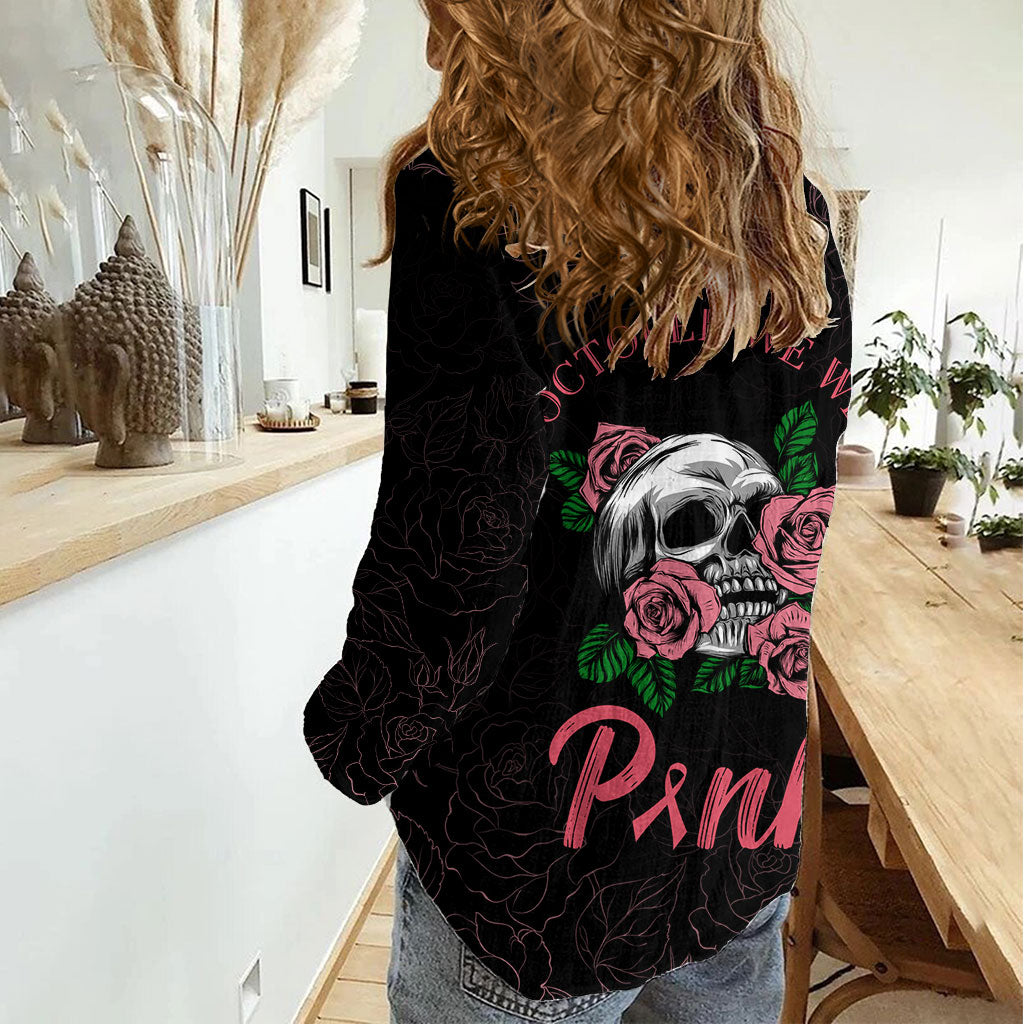 In October We Wear Pink Women Casual Shirt Skull and Roses - Black
