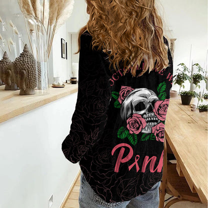 In October We Wear Pink Women Casual Shirt Skull and Roses - Black