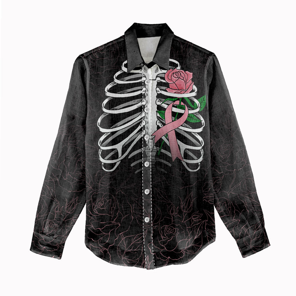 In October We Wear Pink Women Casual Shirt Skull and Roses - Black