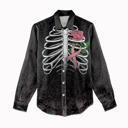 In October We Wear Pink Women Casual Shirt Skull and Roses - Black
