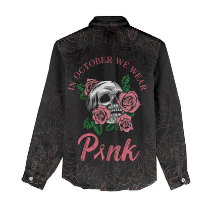 In October We Wear Pink Women Casual Shirt Skull and Roses - Black