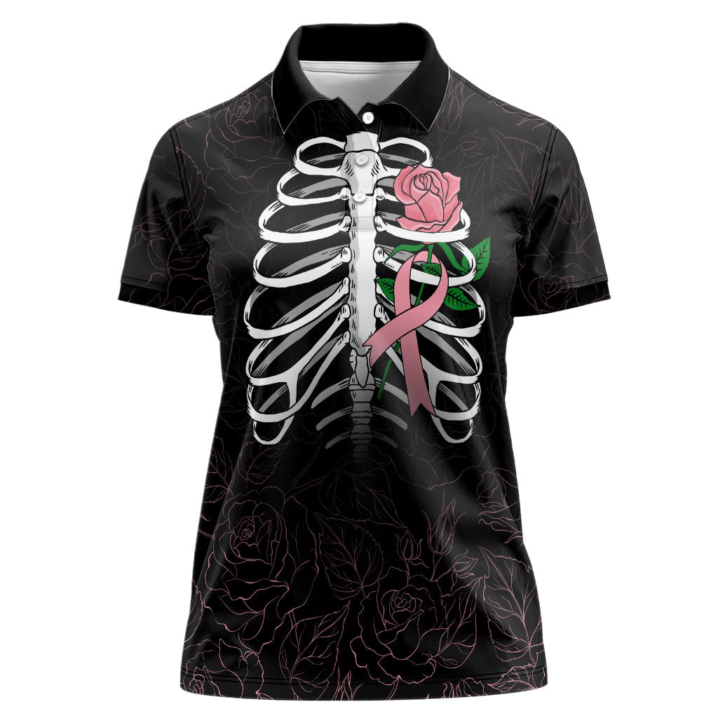 In October We Wear Pink Women Polo Shirt Skull and Roses - Black