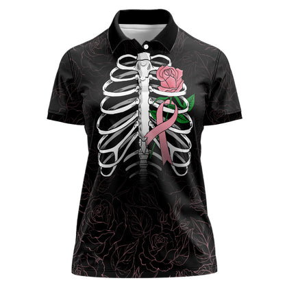 In October We Wear Pink Women Polo Shirt Skull and Roses - Black