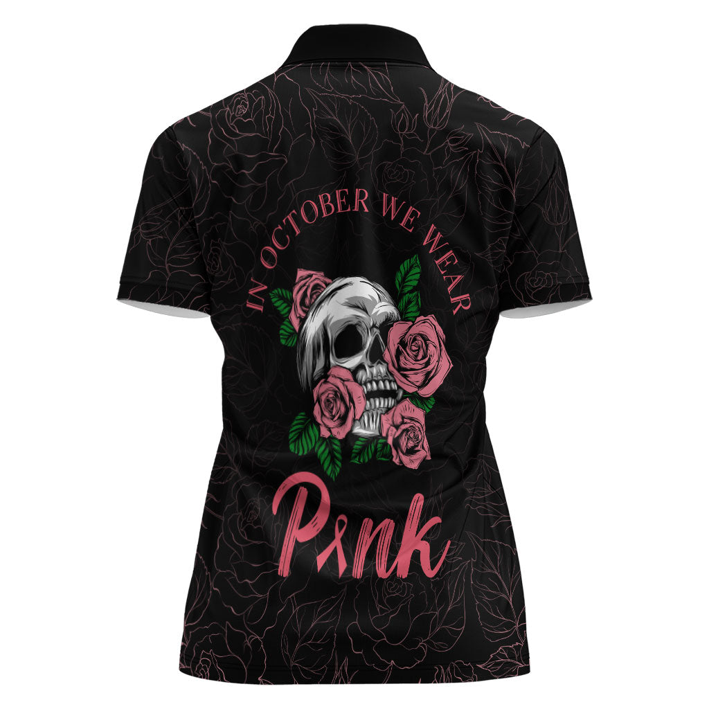 In October We Wear Pink Women Polo Shirt Skull and Roses - Black