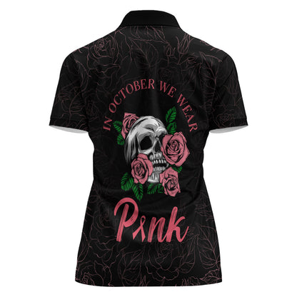 In October We Wear Pink Women Polo Shirt Skull and Roses - Black
