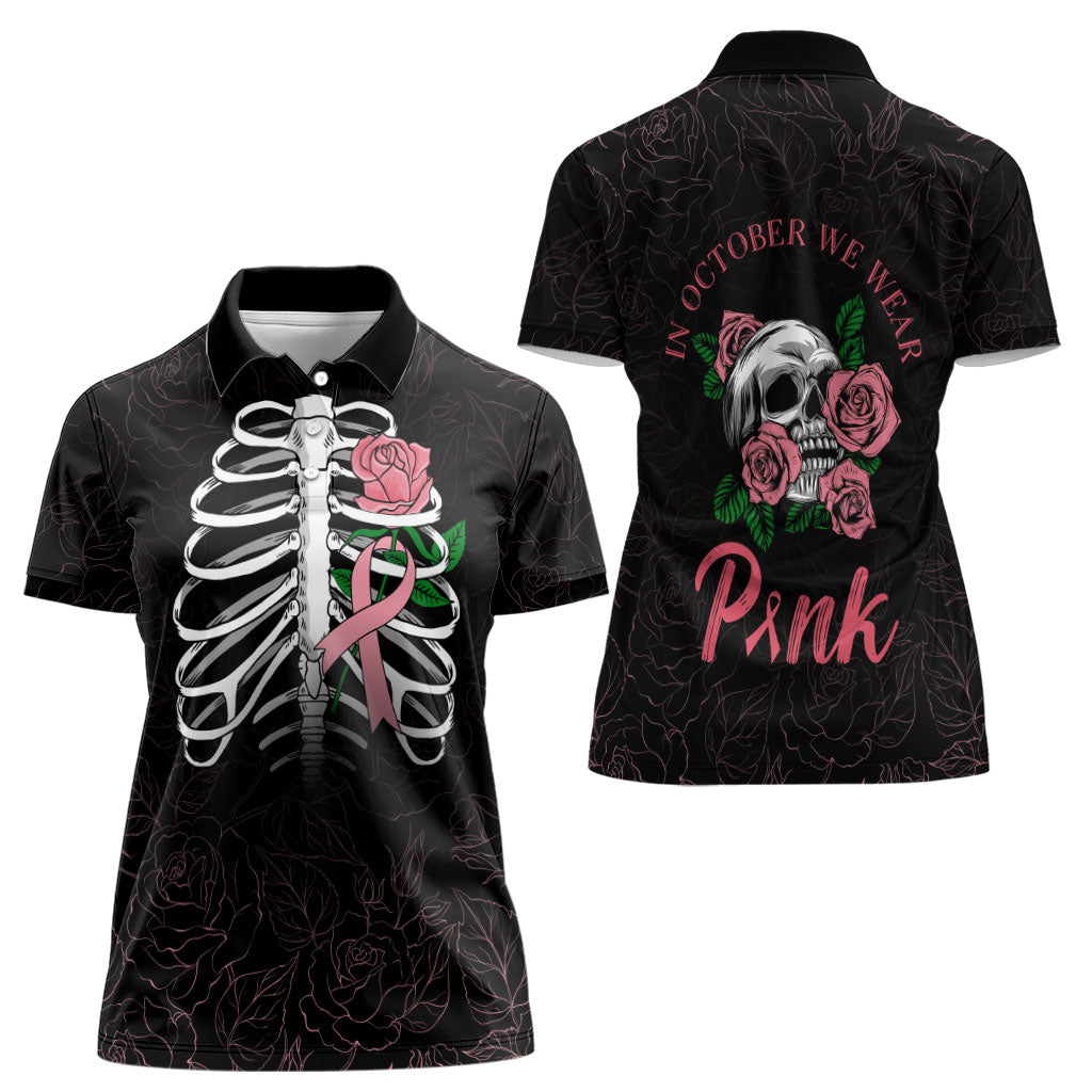 In October We Wear Pink Women Polo Shirt Skull and Roses - Black