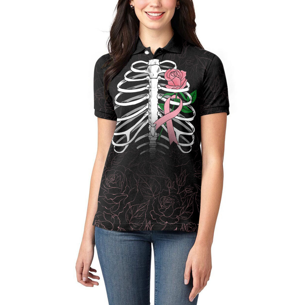 In October We Wear Pink Women Polo Shirt Skull and Roses - Black
