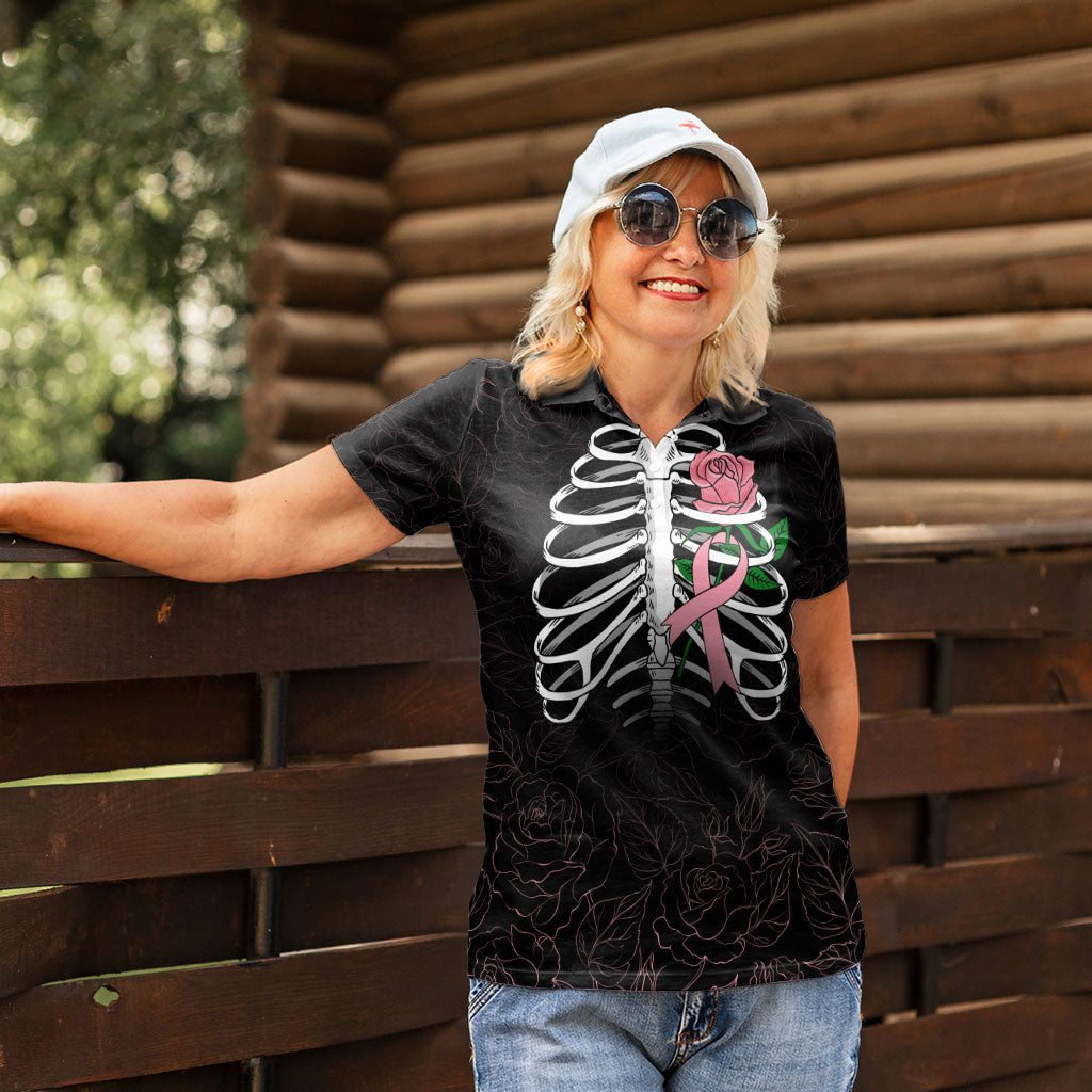 In October We Wear Pink Women Polo Shirt Skull and Roses - Black