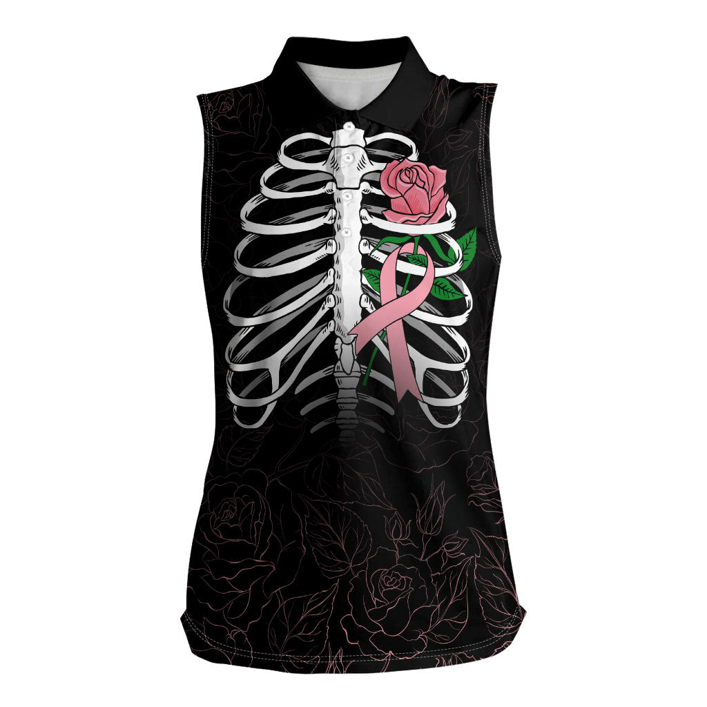 In October We Wear Pink Women Sleeveless Polo Shirt Skull and Roses - Black