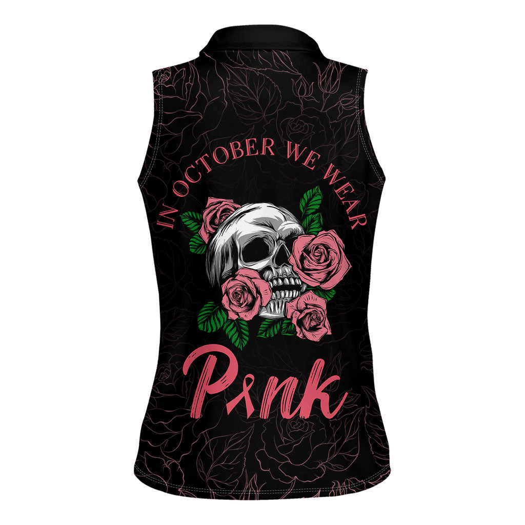 In October We Wear Pink Women Sleeveless Polo Shirt Skull and Roses - Black