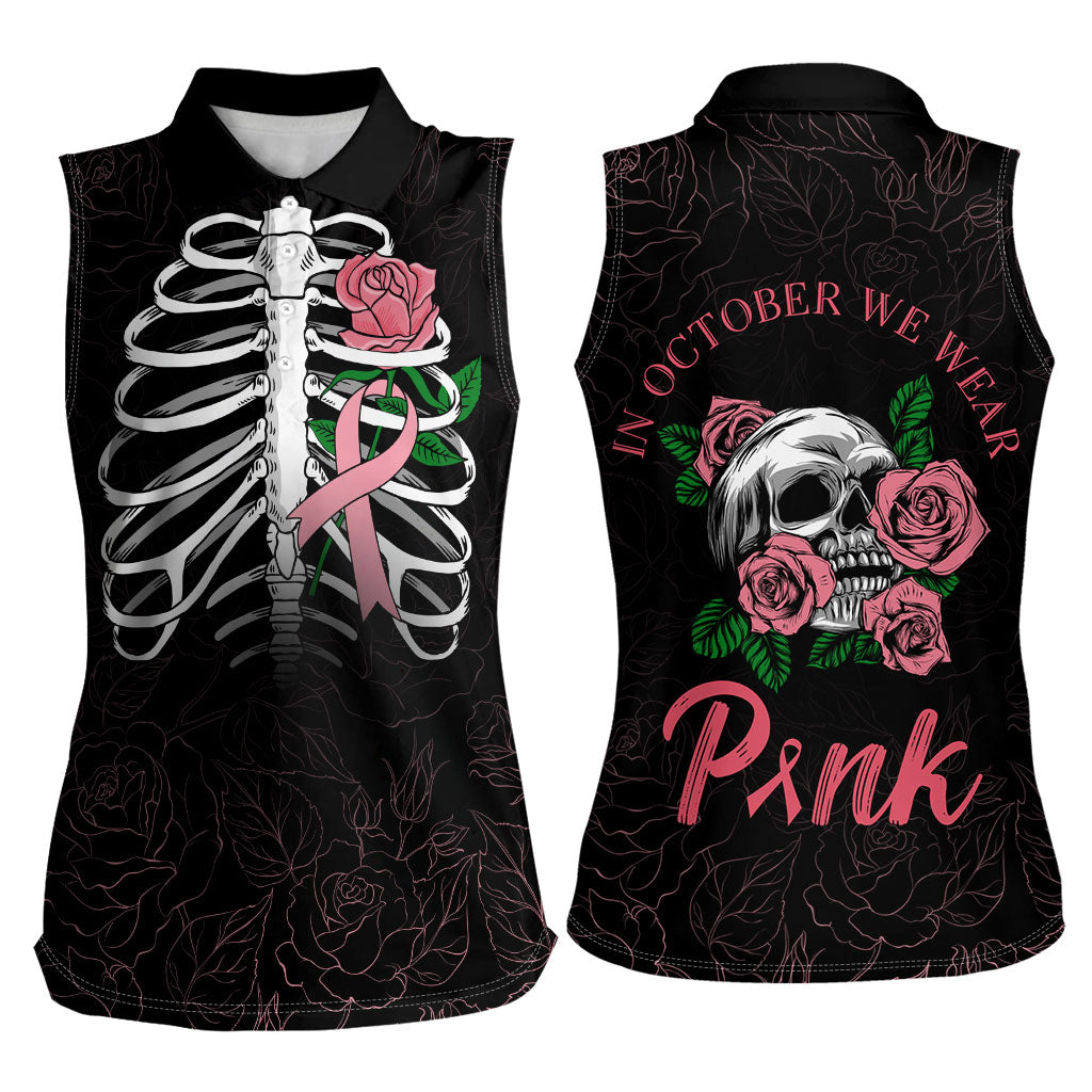 In October We Wear Pink Women Sleeveless Polo Shirt Skull and Roses - Black