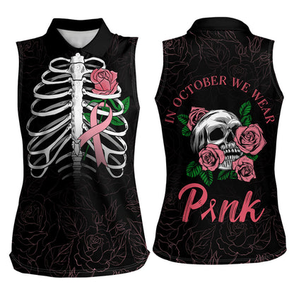 In October We Wear Pink Women Sleeveless Polo Shirt Skull and Roses - Black