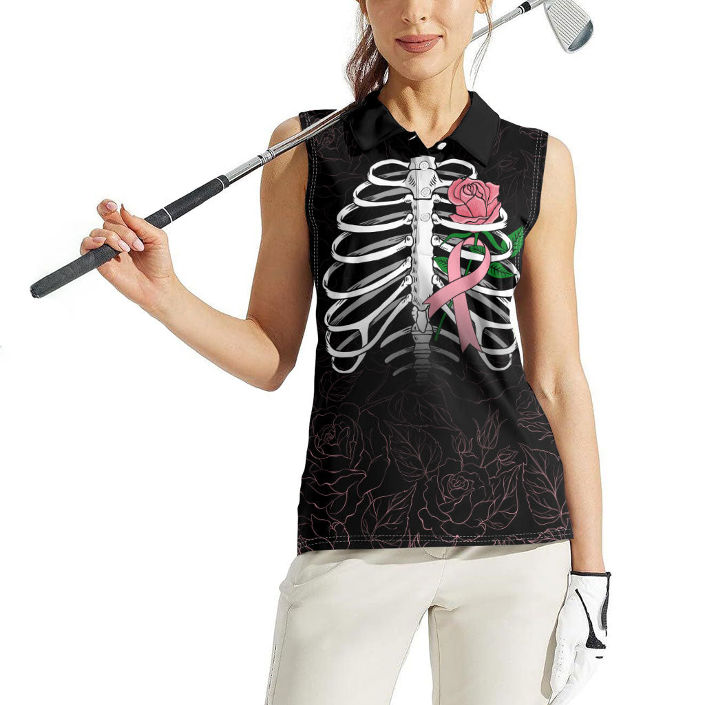 In October We Wear Pink Women Sleeveless Polo Shirt Skull and Roses - Black