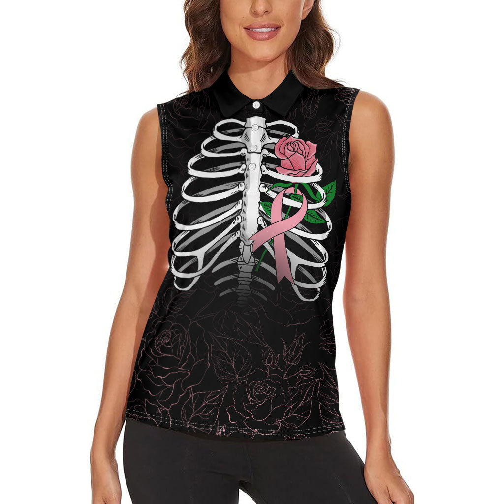 In October We Wear Pink Women Sleeveless Polo Shirt Skull and Roses - Black