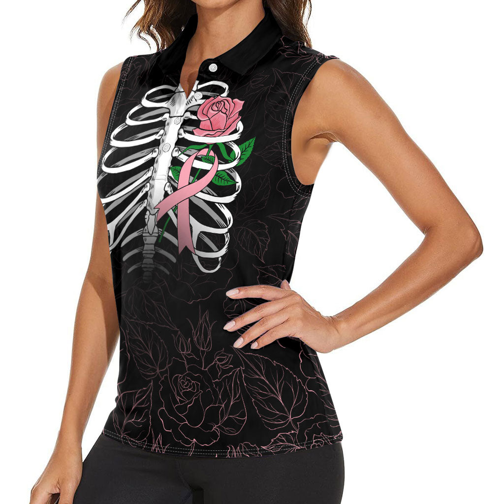 In October We Wear Pink Women Sleeveless Polo Shirt Skull and Roses - Black