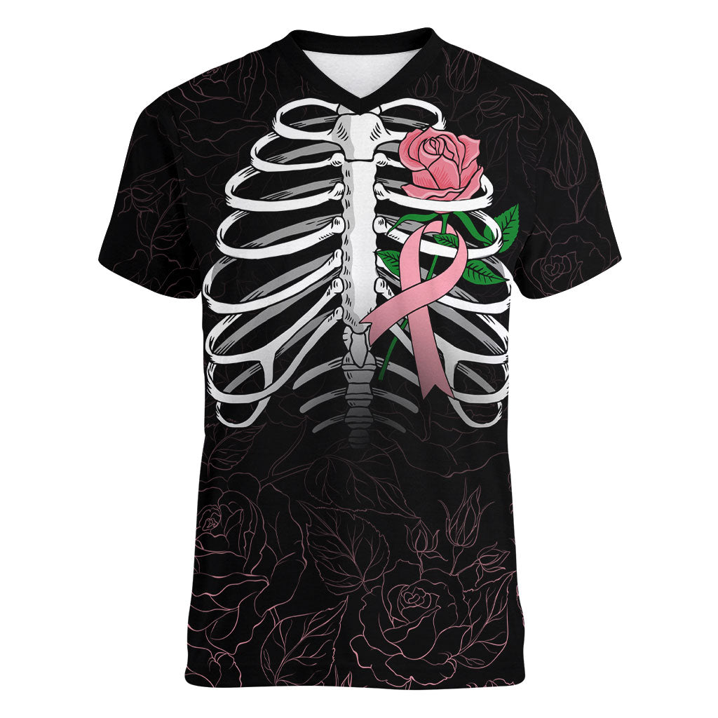 In October We Wear Pink Women V-Neck T-Shirt Skull and Roses - Black