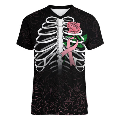 In October We Wear Pink Women V-Neck T-Shirt Skull and Roses - Black