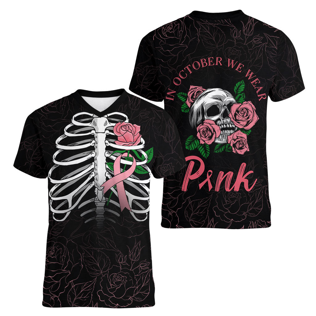 In October We Wear Pink Women V-Neck T-Shirt Skull and Roses - Black