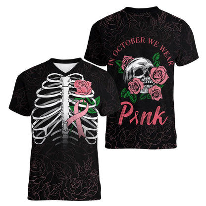 In October We Wear Pink Women V-Neck T-Shirt Skull and Roses - Black